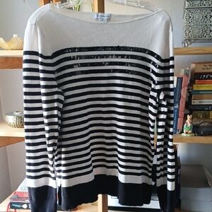 Liz Claiborne Cream Sweater with Black and Copper Sequin Stripes